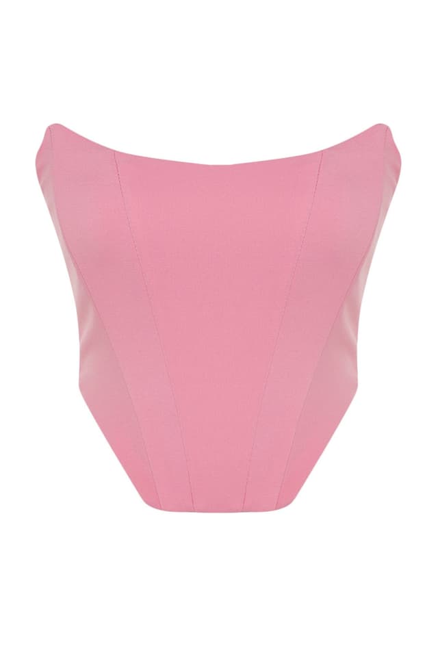 Product Pembe K Crop Korse Detaylı Dokuma Büstiyer