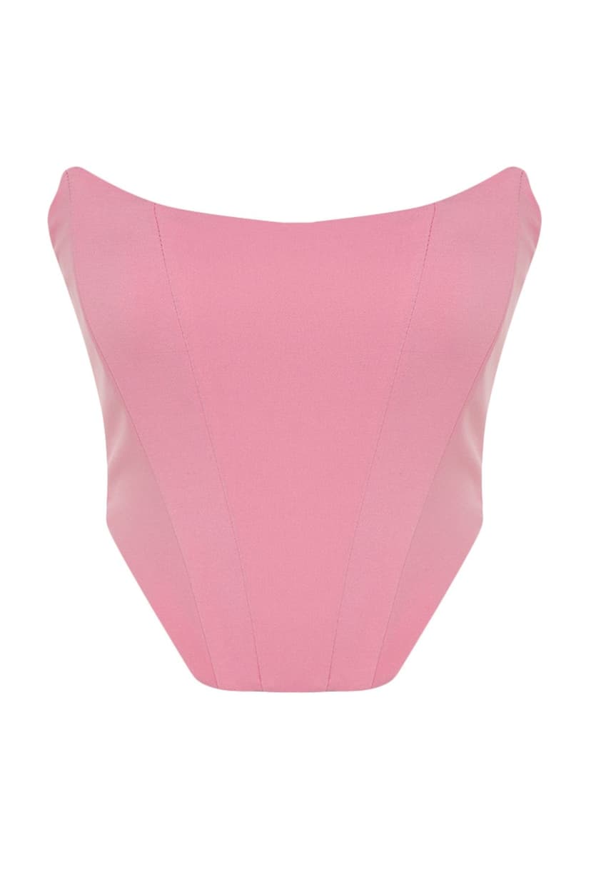 Product Pembe K Crop Korse Detaylı Dokuma Büstiyer