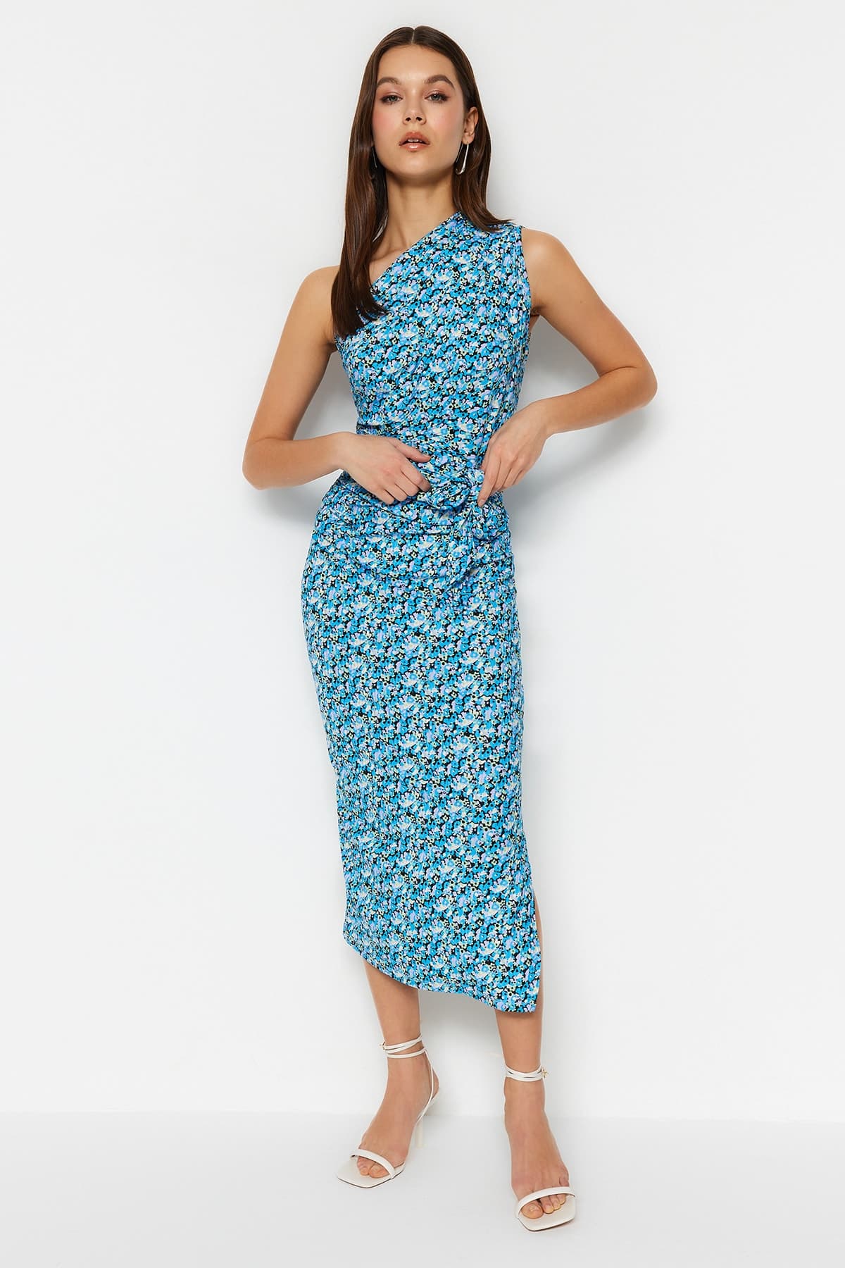 Mavi Baskılı Vücuda Oturan Tek Omuz Asimetrik Degaje Detaylı Örme Esnek Kalem Elbise