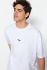 Beyaz Oversize/Geniş Kesim Kısa Kol Dinozor Nakışlı %100 Pamuklu T-Shirt