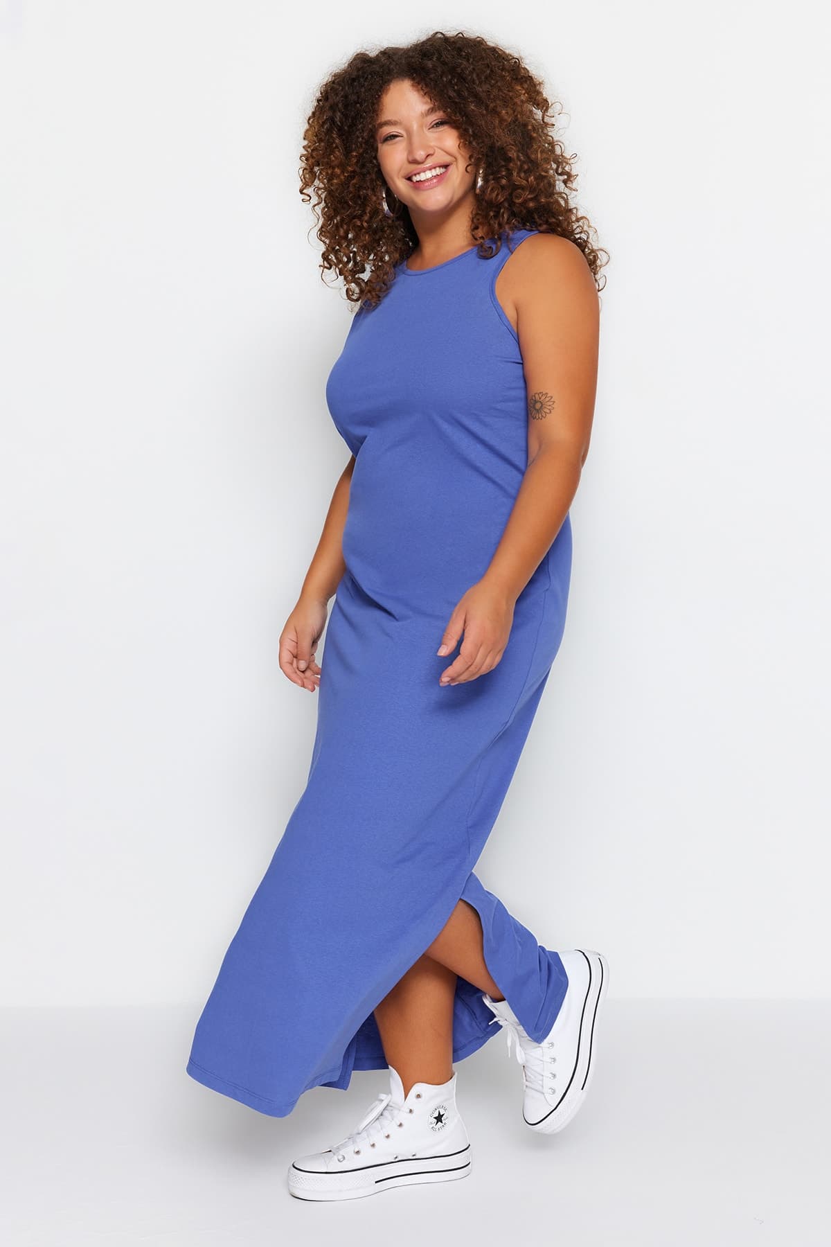 Saks Düz Kesim Yırtmaçlı %100 Pamuk Maxi/Uzun Örme Elbise