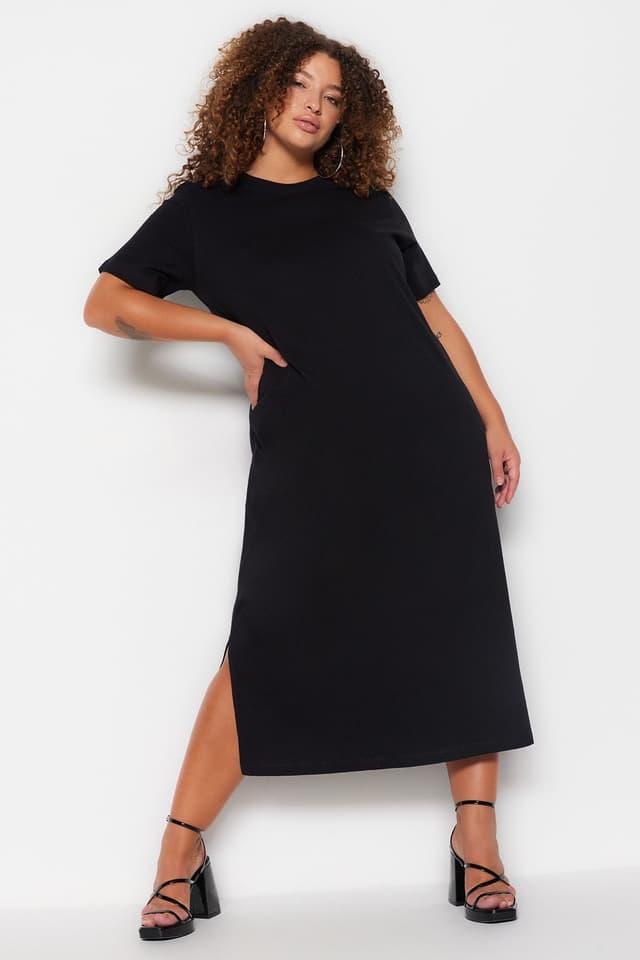 Product Siyah Bisiklet Yaka Yırtmaçlı Maxi/Uzun %100 Pamuk Örme Elbise