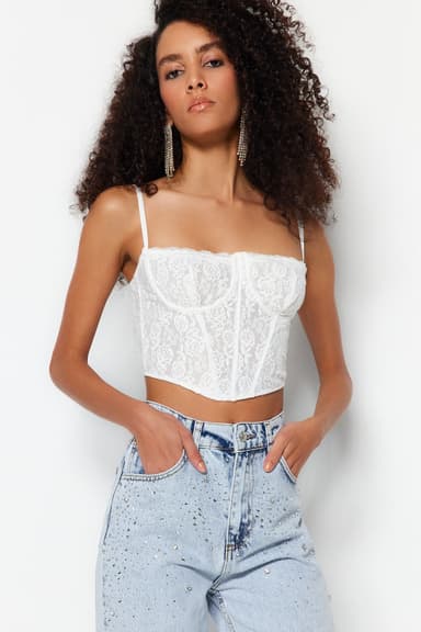 Ekru Crop Astarlı Korse Detaylı Agraflı Örme Dantel Büstiyer