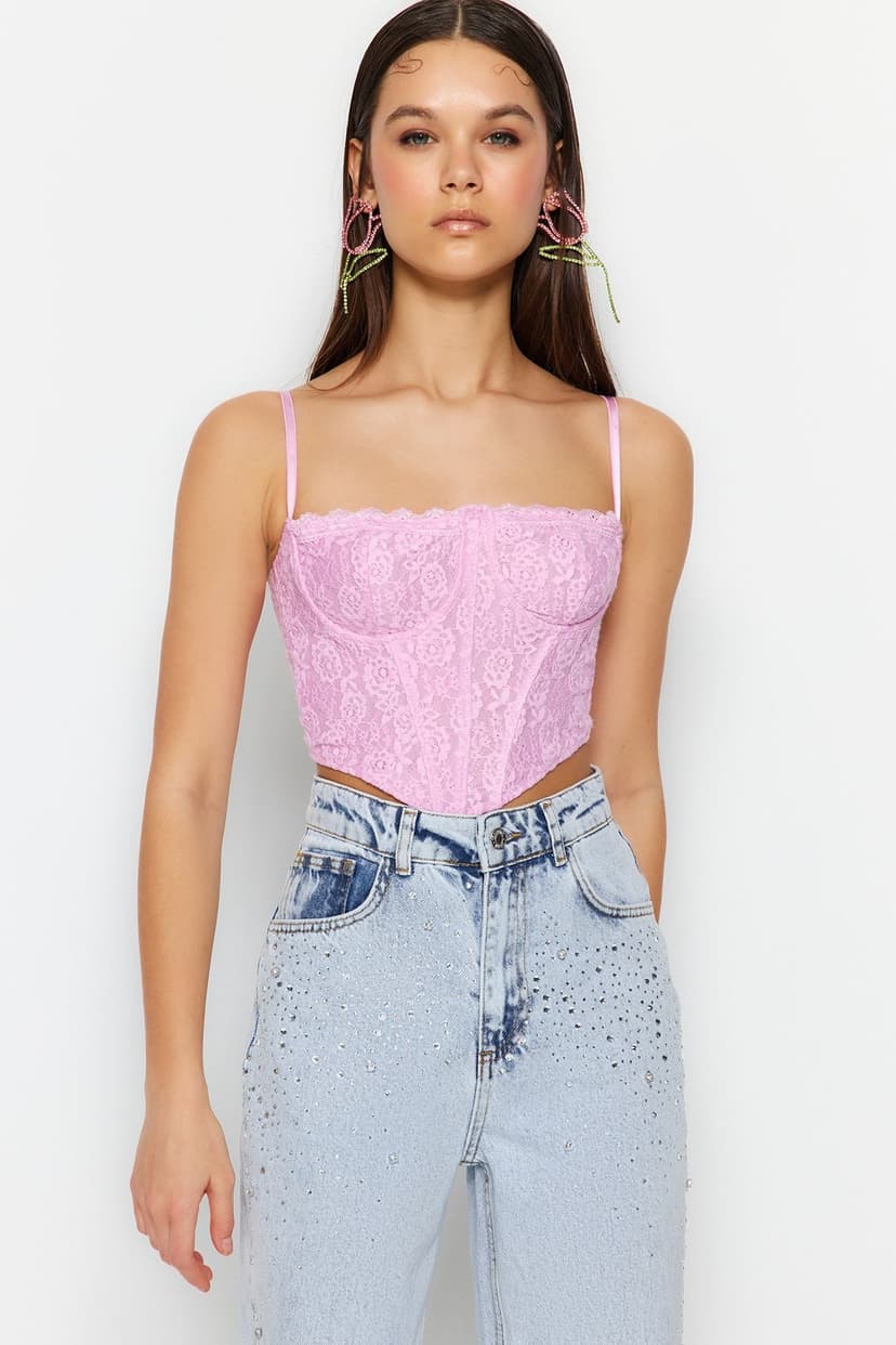 Product Pembe Crop Astarlı Korse Detaylı Agraflı Örme Dantel Büstiyer