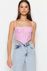 Pembe Crop Astarlı Korse Detaylı Agraflı Örme Dantel Büstiyer