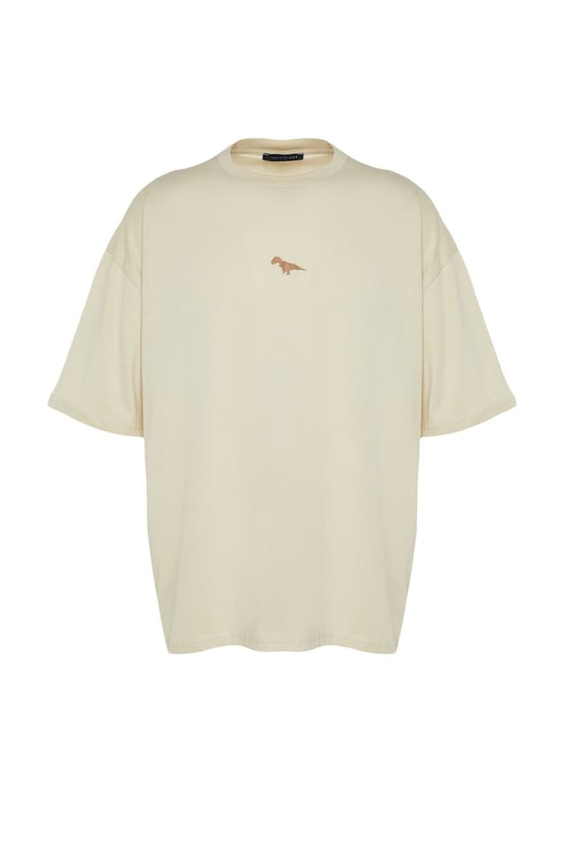 Product Taş Oversize/Geniş Kesim Bisiklet Yaka Kısa Kol Dinozor İşlemeli T-Shirt