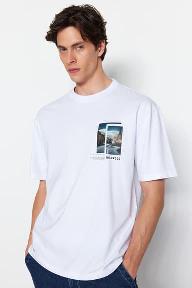 Beyaz Oversize/Geniş Kesim Kısa Kol Manzara Baskılı %100 Pamuk T-Shirt