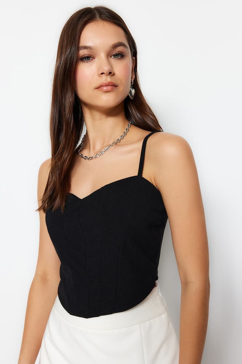 Product Siyah Fitted/Vücuda Oturan Crop Ayarlanabilir Askılı Krep Örme Büstiyer