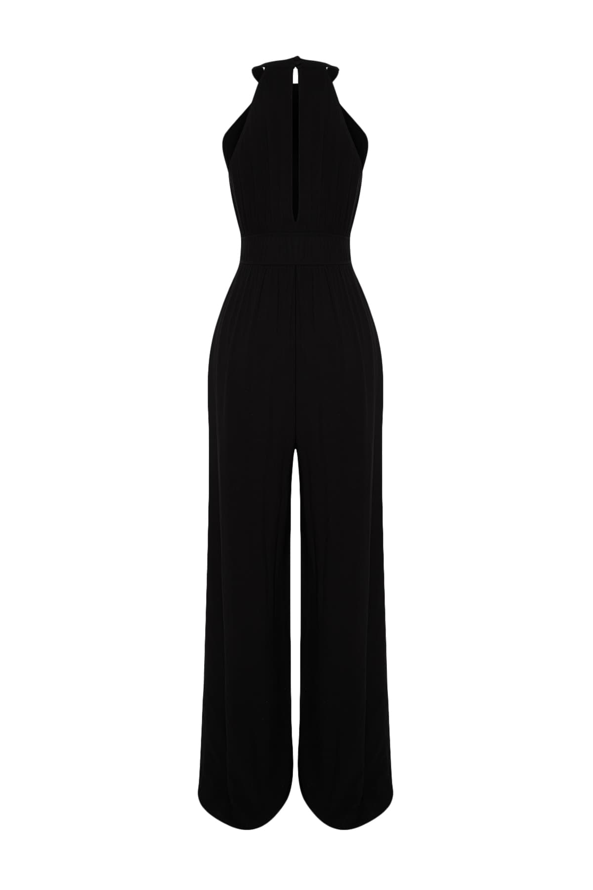 Trendyolmilla Siyah Beli Büzgü Detaylı Geniş Paça Maxi Dokuma Tulum TWOSS23TU00121