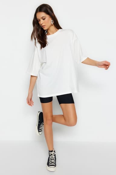 Ekru %100 Pamuk Premium Oversize/Geniş Kalıp Bisiklet Yaka Örme T-Shirt