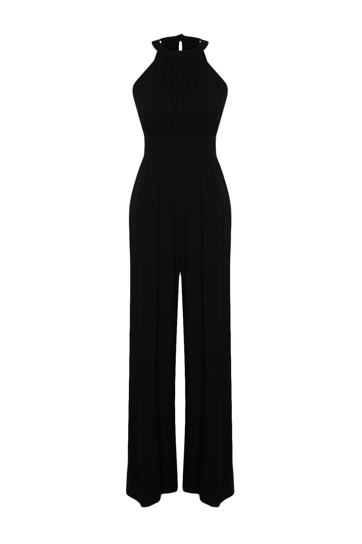 Trendyolmilla Siyah Beli Büzgü Detaylı Geniş Paça Maxi Dokuma Tulum TWOSS23TU00121