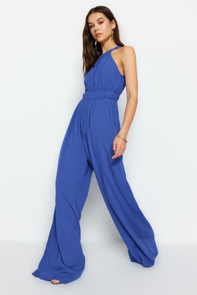 Trendyolmilla Indigo Beli Büzgü Detaylı Geniş Paça Maxi Dokuma Tulum TWOSS23TU00121