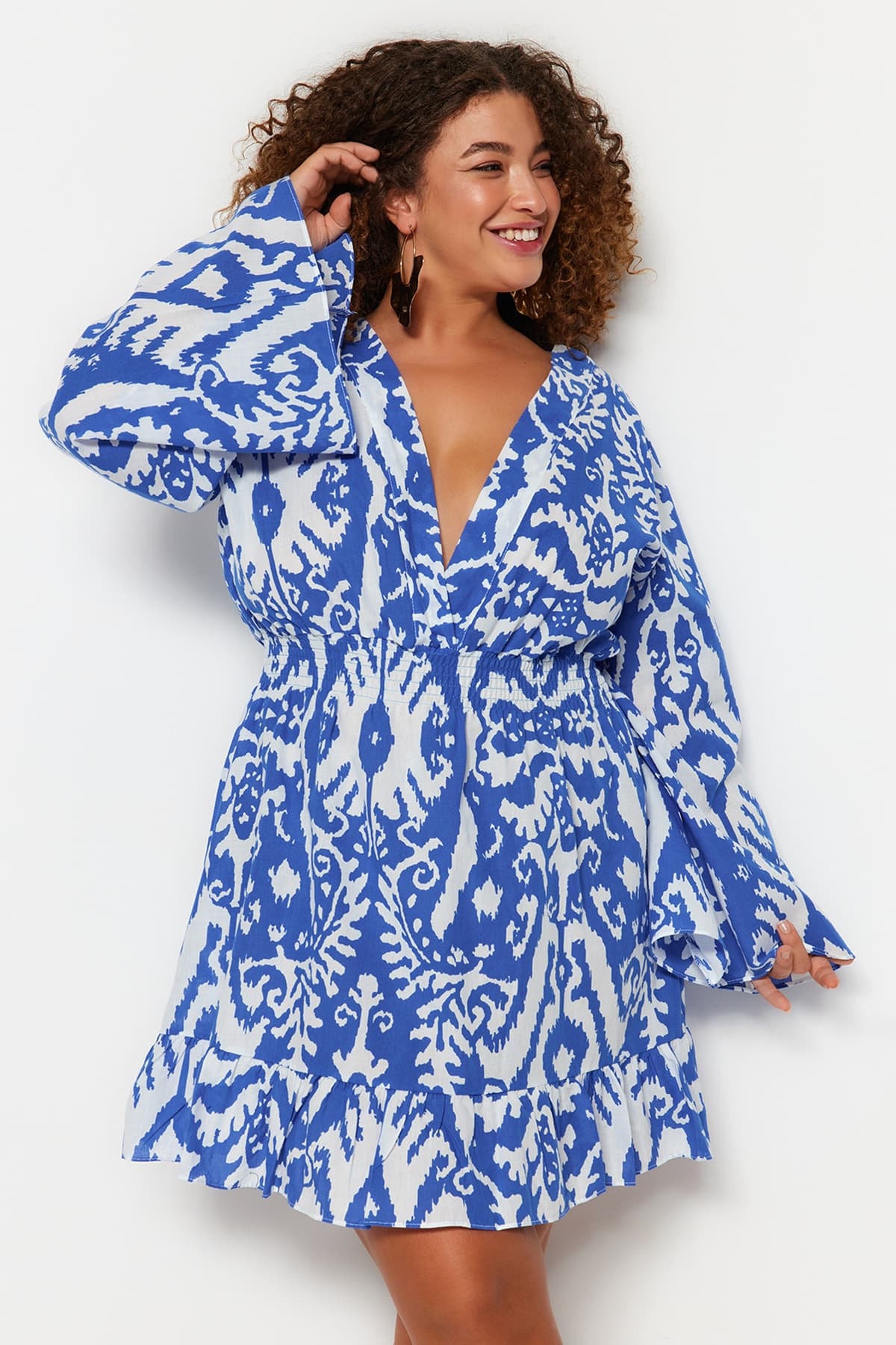 Mavi Etnik Desenli İspanyol Kol Skater Mini Dokuma Büyük Beden Plaj Elbisesi