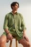 Haki Unisex Regular Fit %100 Pamuklu Keten Görünümlü Fit Gömlek