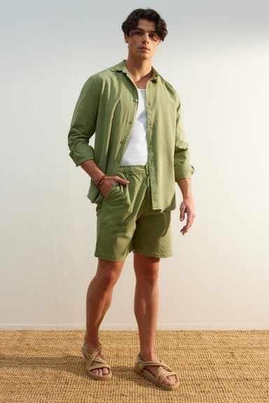 Haki Loose Fit Pamuklu Bağcıklı Şort