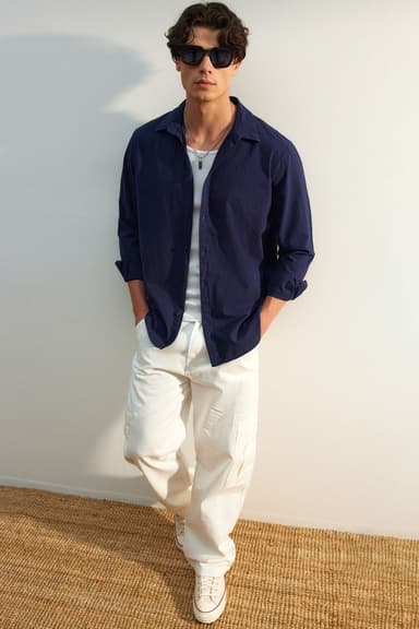 Lacivert Unisex Regular Fit %100 Pamuklu Keten Görünümlü Gömlek TMNSS23GO00099