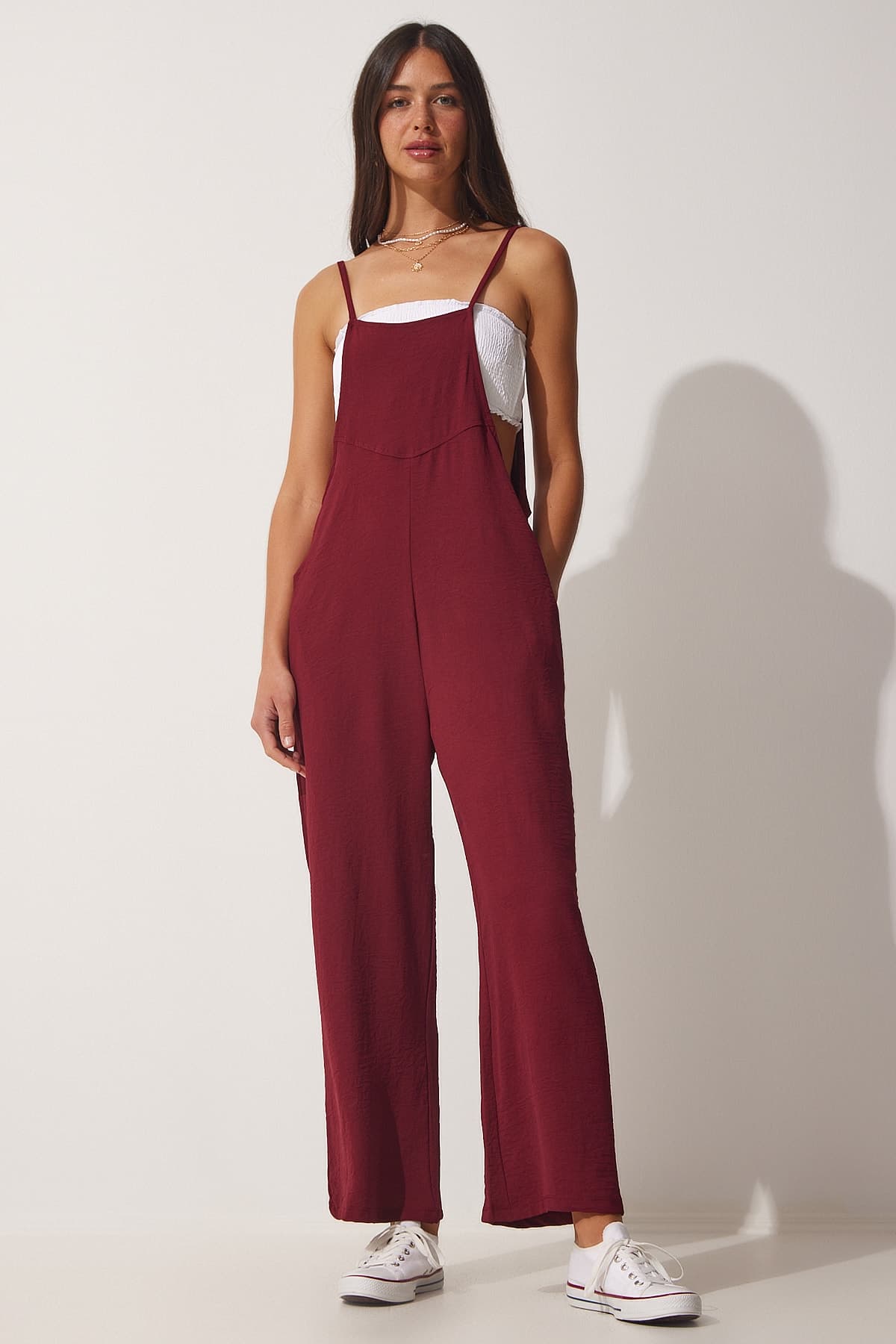 Kadın Bordo Cepli Bahçıvan Tulum  DD00910