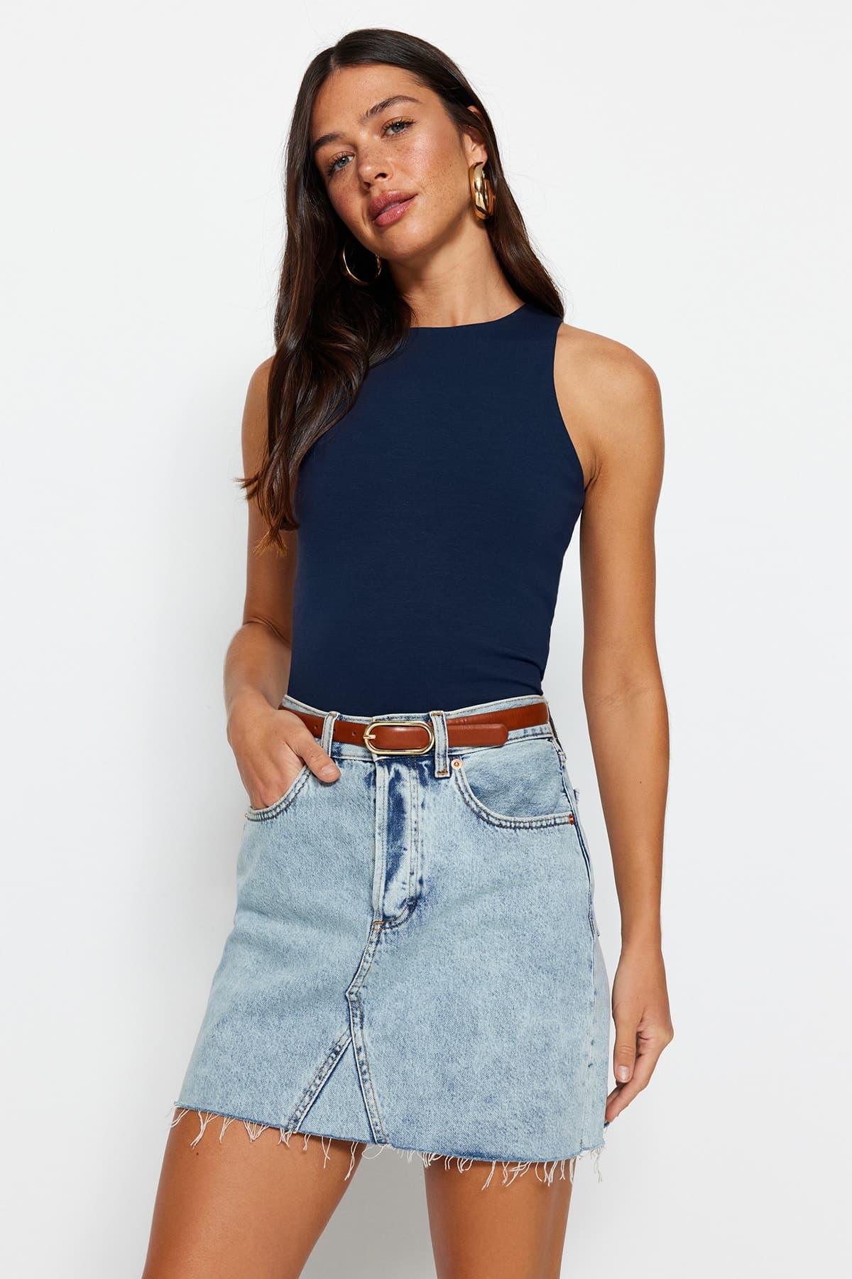 Lacivert Pamuklu Halter Yaka Fitted/Vücuda Oturan Esnek Örme Atlet