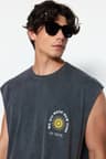 Antrasit Oversize/Geniş Kesim Soluk Efektli Yazı Baskı %100 Pamuklu T-Shirt/Atlet
