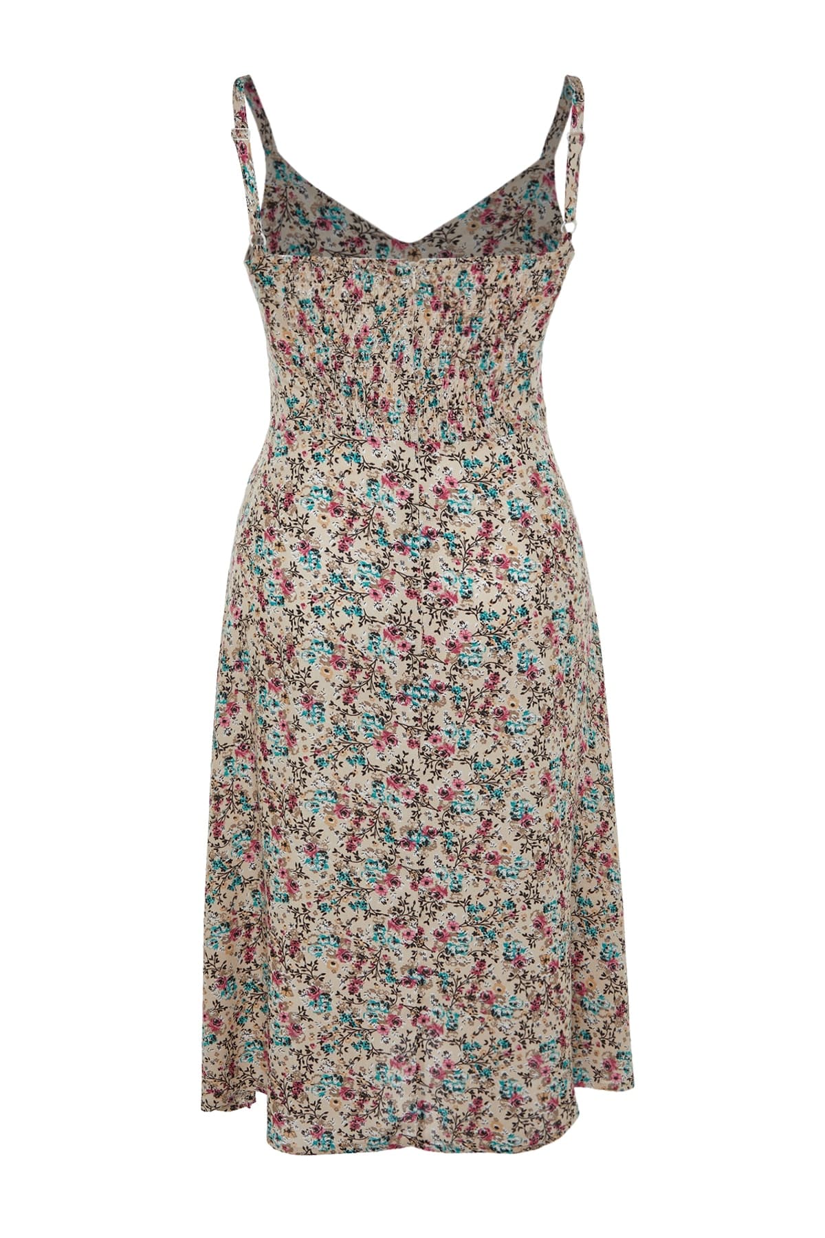 Trendyolmilla Curve Bej Çiçekli V Yaka Dokuma Ayarlanabilir Askılı Uzun Elbise TBBSS22AH0055