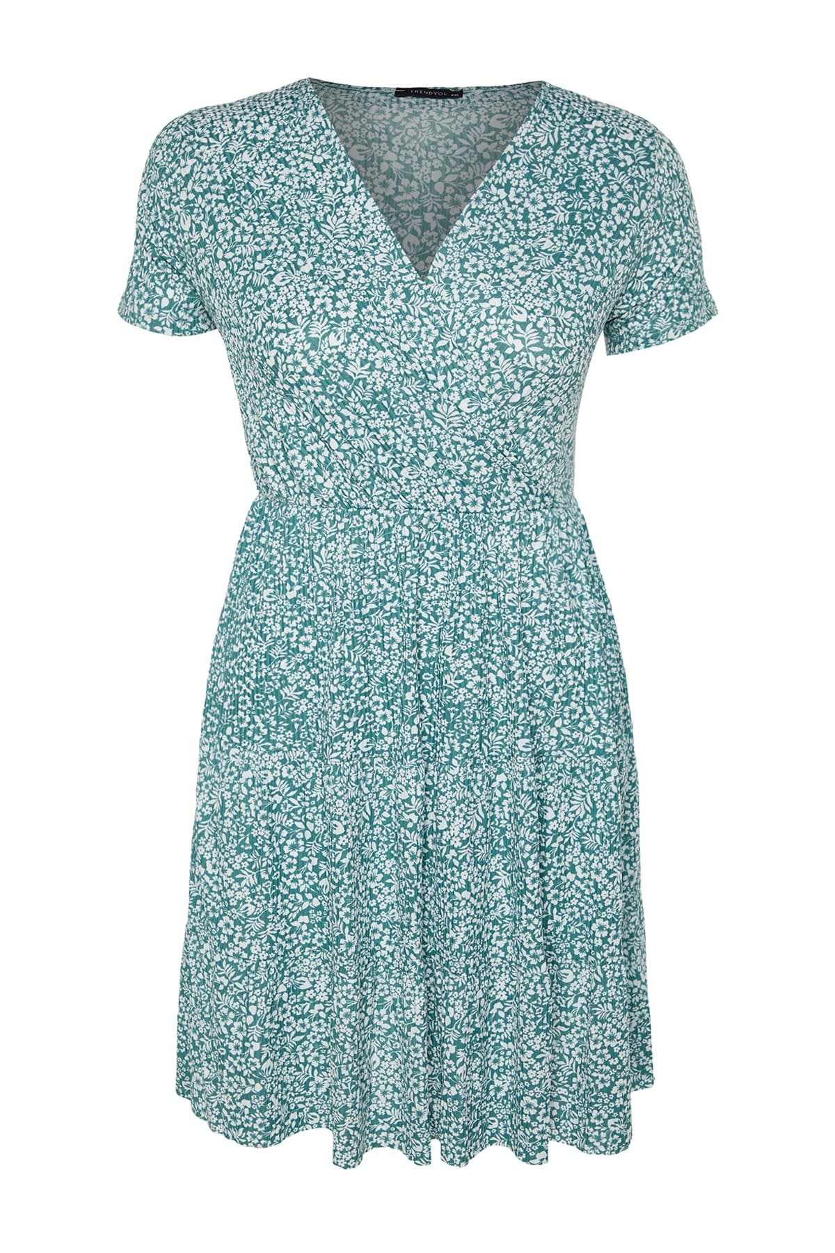 Trendyolmilla Curve Yeşil V Yaka Çiçek Desenli Stakter Örme Büyük Beden Elbise TBBSS22EL1638