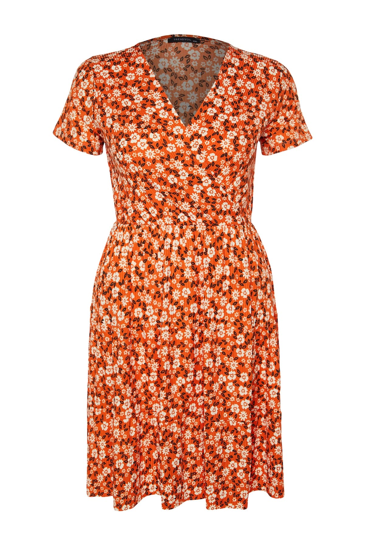 Trendyolmilla Curve Turuncu Skater V Yaka Çiçek Desenli Örme Büyük Beden Elbise TBBSS22EL1638