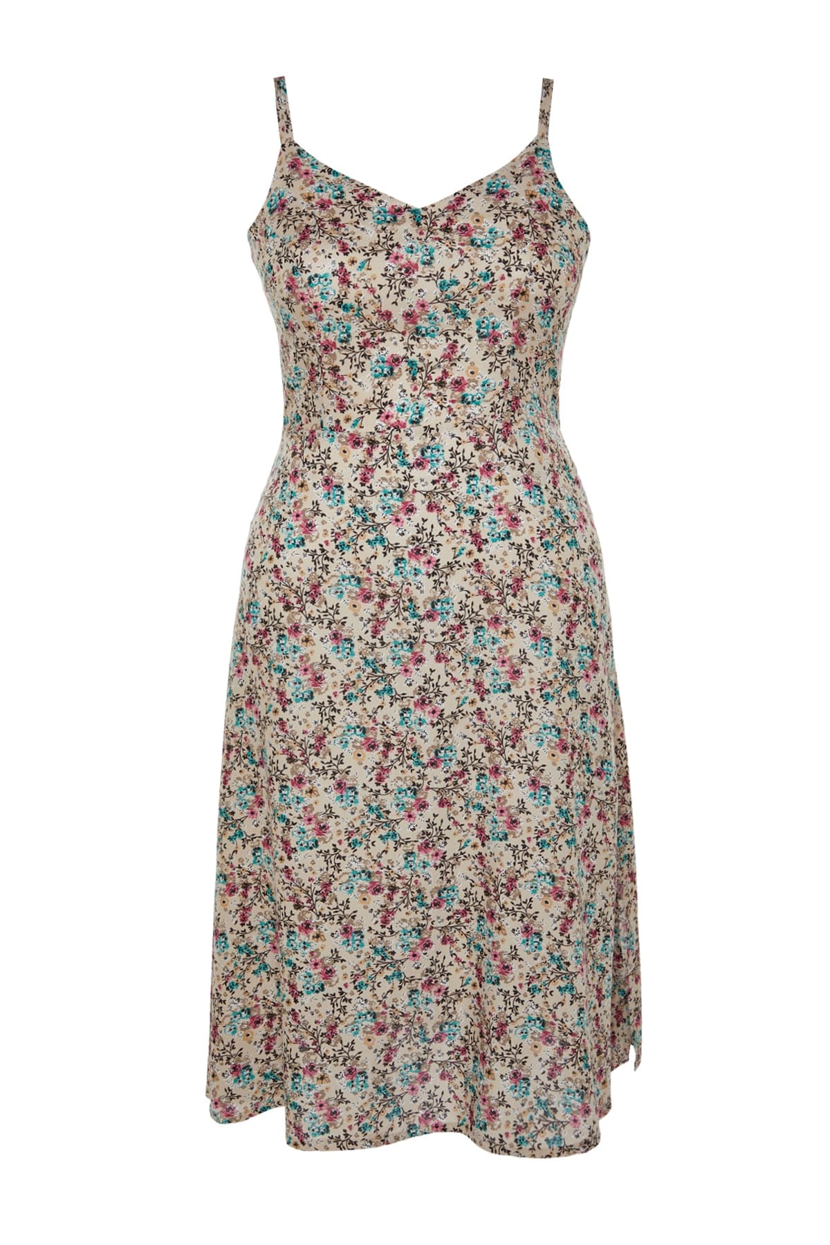 Trendyolmilla Curve Bej Çiçekli V Yaka Dokuma Ayarlanabilir Askılı Uzun Elbise TBBSS22AH0055