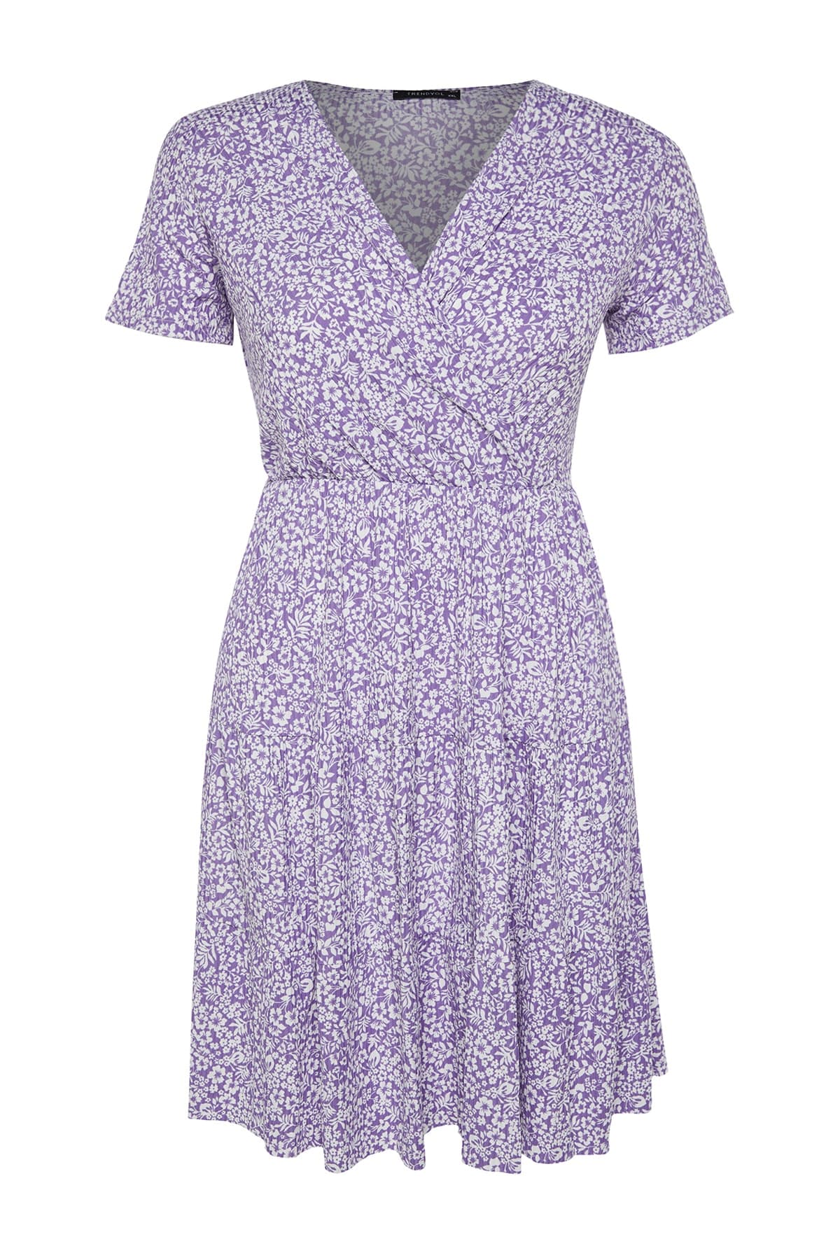 Trendyolmilla Curve Lila V Yaka Çiçek Desenli Stakter Örme Büyük Beden Elbise TBBSS22EL1638