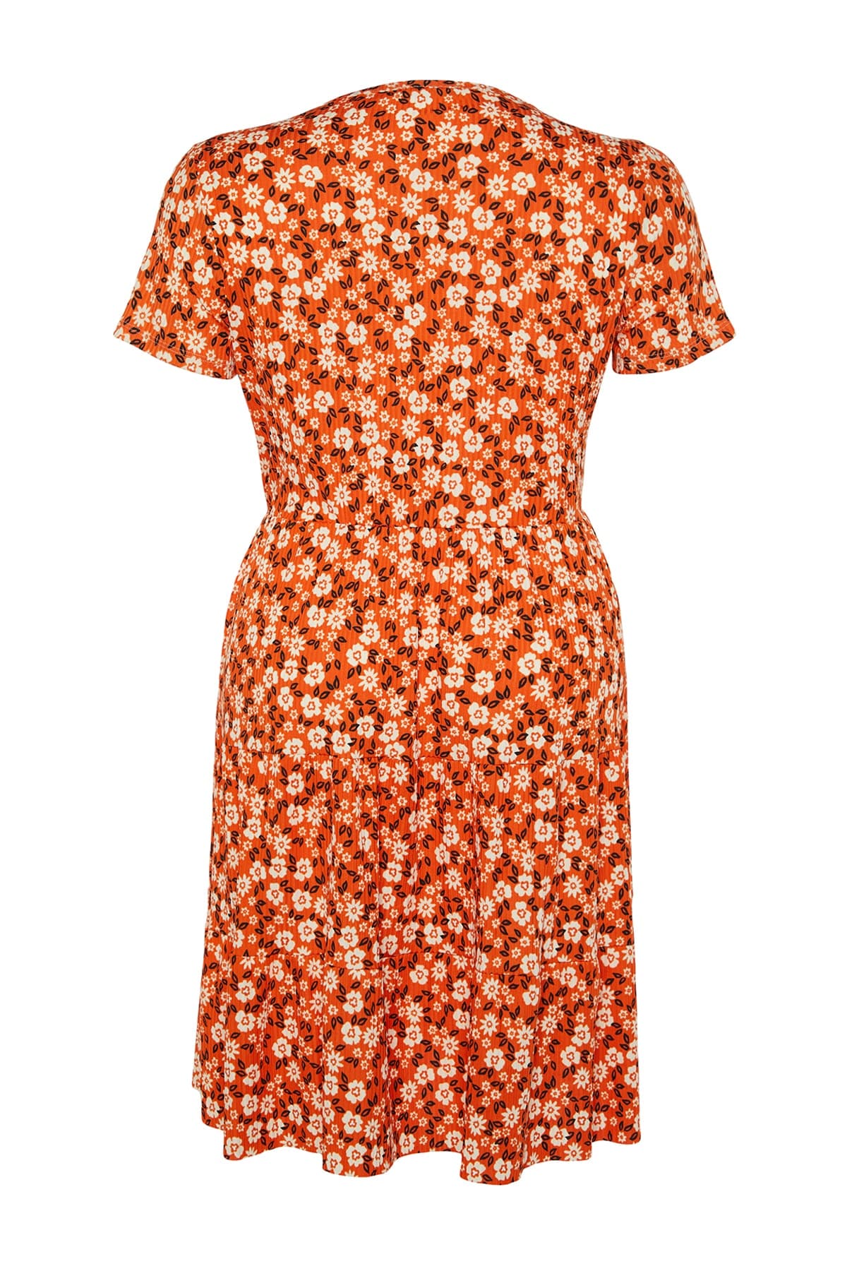 Trendyolmilla Curve Turuncu Skater V Yaka Çiçek Desenli Örme Büyük Beden Elbise TBBSS22EL1638