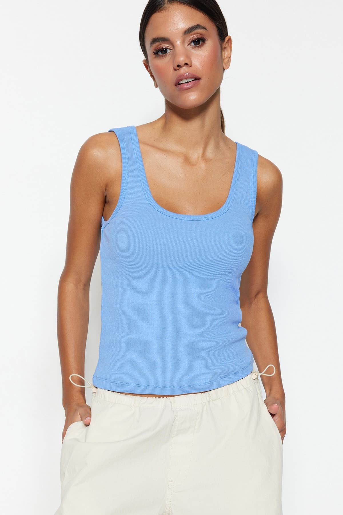 Mor Fitted/Vücuda Oturan Havuz Yaka Fitilli Esnek Örme Atlet