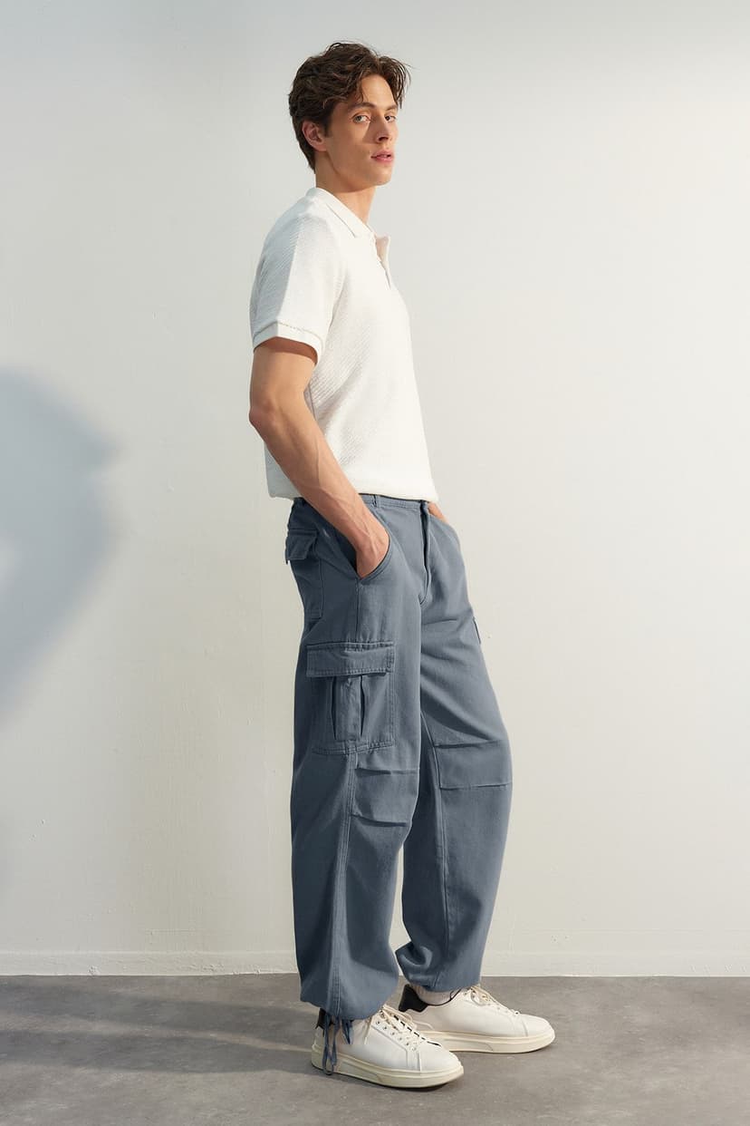 Product Limited Edition Lacivert Loose Fit Paçası Bağlamalı Kargo Pantolon