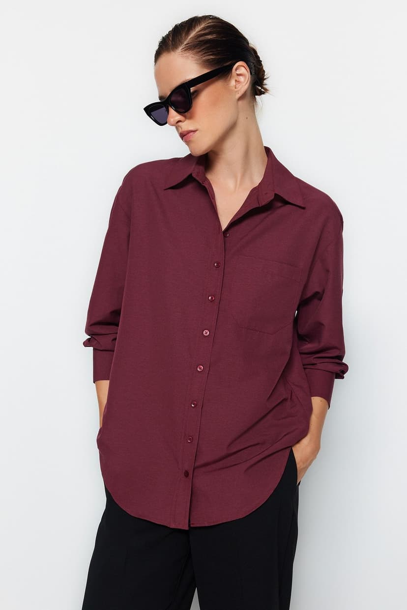 Product Koyu Bordo Tek Cepli Boyfriend/Geniş Kalıp Pamuklu Dokuma Gömlek