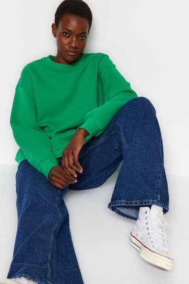 Yeşil Oversize/Rahat Kesim Basic Bisiklet Yaka Kalın/İçi polarlı Örme Sweatshirt