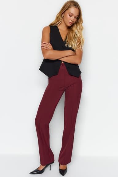 Bordo Straight/Düz Kesim Yüksek Bel Nervür Dikişli Dokuma Pantolon