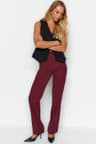 Bordo Straight/Düz Kesim Yüksek Bel Nervür Dikişli Dokuma Pantolon