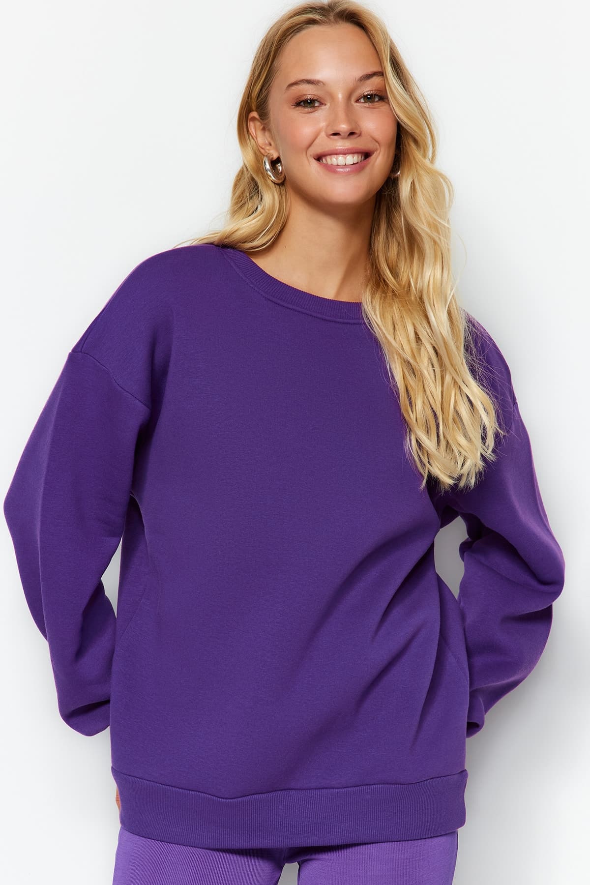 Mor Oversize/Rahat Kesim Basic Bisiklet Yaka Kalın/İçi polarlı Örme Sweatshirt