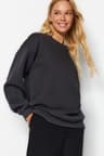 Antrasit Oversize/Rahat Kesim Basic Bisiklet Yaka Kalın/İçi polarlı Örme Sweatshirt