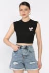 Kadın Japone Kol Fiyonklu Fitilli Crop Top Bluz Siyah TZL-P-00016999