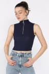 Kadın Yarım Fermuarlı Fitilli Crop Top Bluz Lacivert TZL-P-00016993