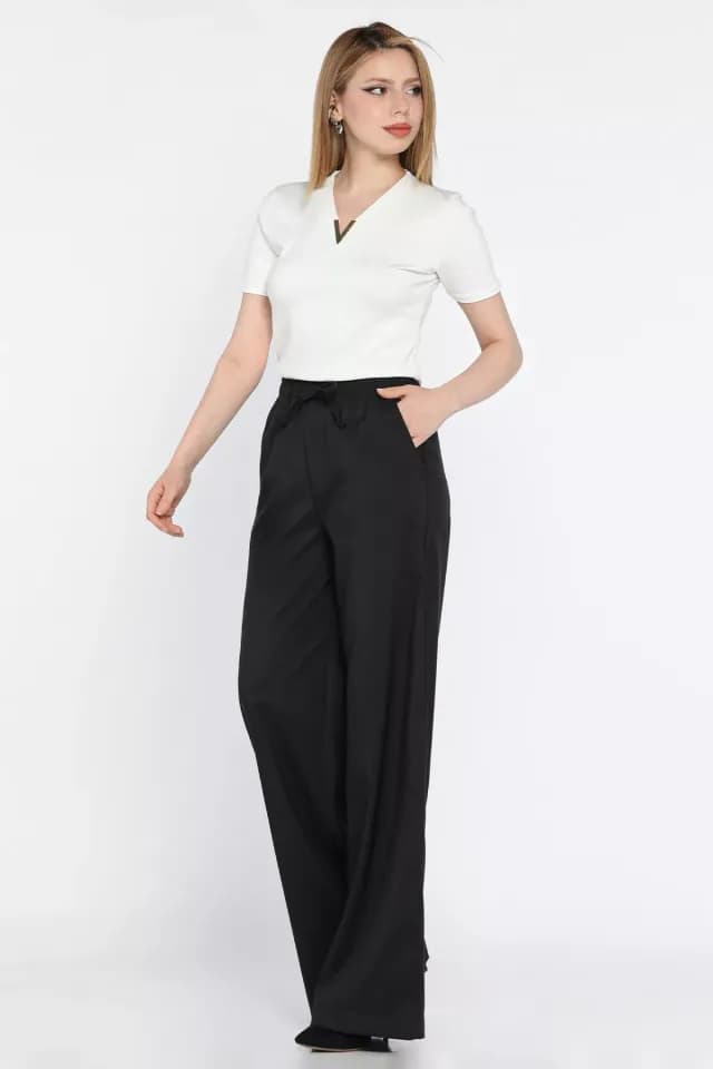 Product Bel Lastikli Bağcıklı Bol Paça Kadın Pantolon Siyah TZL-P-00016656