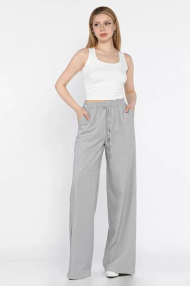 Bel Lastikli Bağcıklı Bol Paça Kadın Pantolon Gri TZL-P-00016656