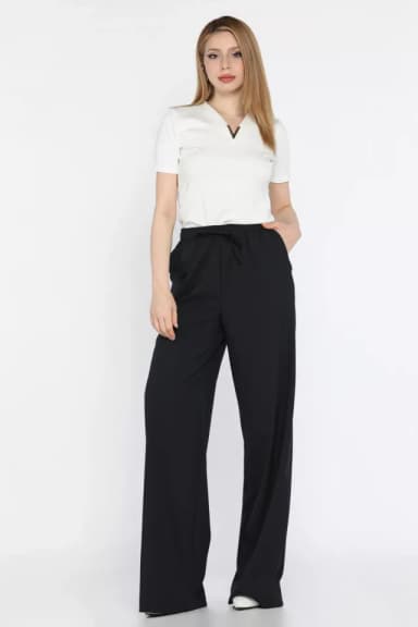 Bel Lastikli Bağcıklı Bol Paça Kadın Pantolon Koyulacivert TZL-P-00016656