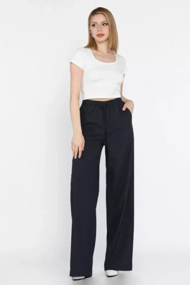Bel Lastikli Bağcıklı Bol Paça Kadın Pantolon Lacivert TZL-P-00016656