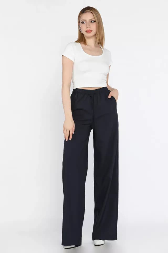 Product Bel Lastikli Bağcıklı Bol Paça Kadın Pantolon Lacivert TZL-P-00016656