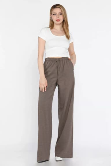 Bel Lastikli Bağcıklı Bol Paça Kadın Pantolon Koyuvizon TZL-P-00016656
