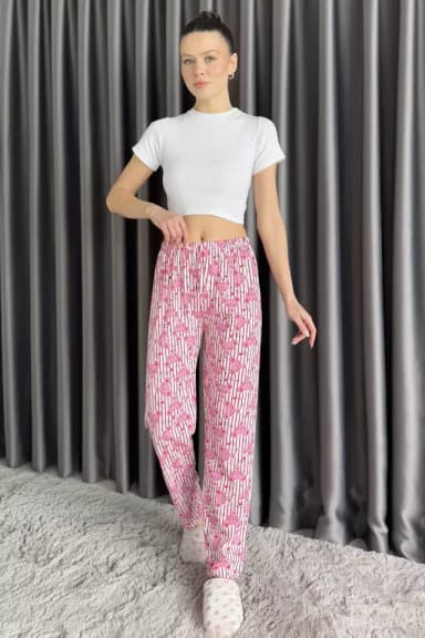 Desenli Bel Lastikli Kadın Pijama Altı Pembe TZL-P-00015075