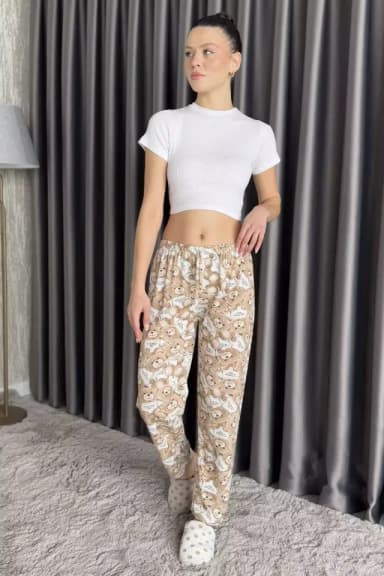 Kadın Ayıcık Baskılı Bel Lastikli Pijama Altı Krembej TZL-P-00015073