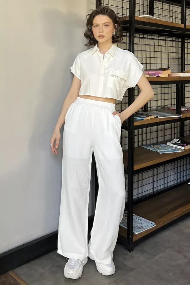 Product Kadın Bel Lastikli Bol Paça Pantolon Krem TZL-P-00016612