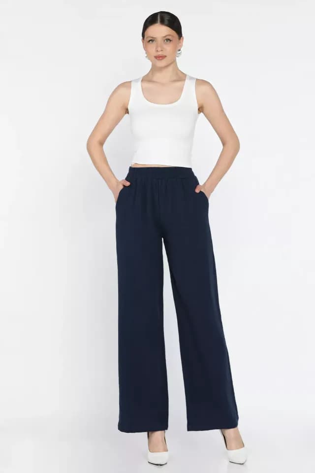 Product Kadın Bel Lastikli Bol Paça Pantolon Lacivert TZL-P-00016612