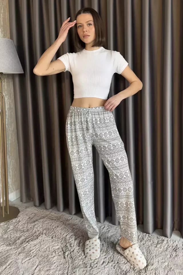 Product Kadın Bel Lastikli Desenli Alt Pijama Kremsiyahlı TZL-P-00015068